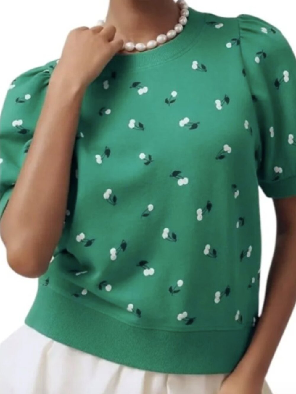 Anthropologie Maeve Puff-Sleeve Sweatshirt Tee Size M Green Cherry NWoT - Picture 2 of 4